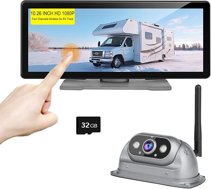 Wireless Backup Cameras System for RV Truck Trailer Camper Pickup Motorhome 5th Wheels with High Brightness HD 1080P 10.26" Touch Screen 150° Wide View Image Video Recording Reverse Camera
