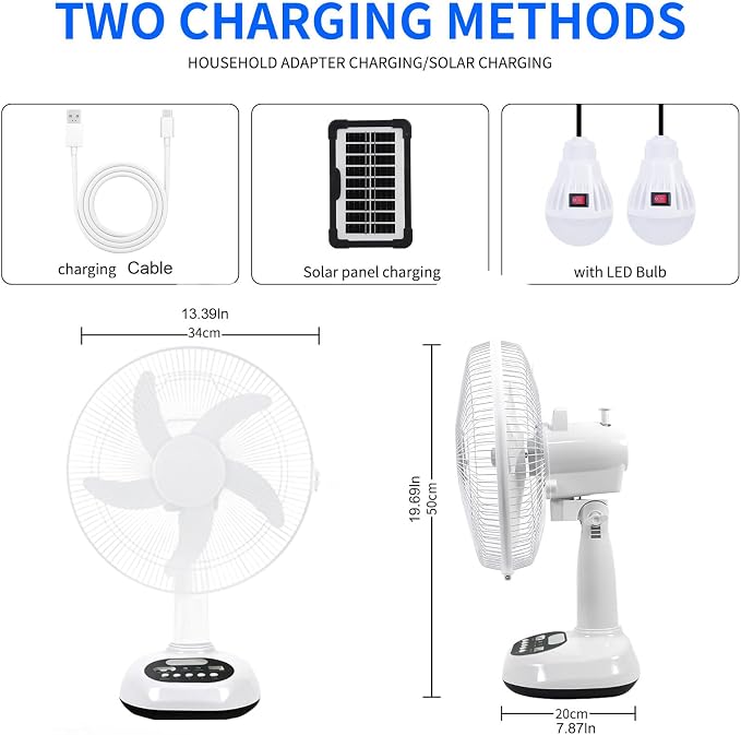 12 inch New Update Rechargeable Solar Powered Fan,14400mAh AC DC Portable Camping PowerBank 12 Inch Oscillating Tabletop Fan with Led Night Light for Home Office Outdoor Camping Tent Traving (1)