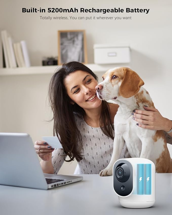 COCOCAM 2PCS Battery WiFi Indoor Security Camera Wireless, 5200mAh Battery, 2K Pan/Tilt Camera for Baby Monitor/Pet/Home Security, AI Recognition, PIR Human Detection, 2.4G WiFi