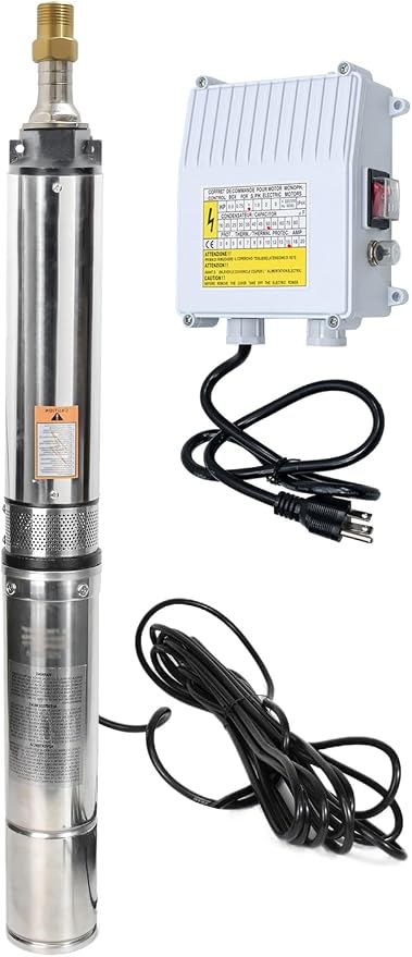 4" Deep Well Submersible Pump, 1/2 HP, 110V, 60 Hz, 25 GPM,207FT Max Head, 33FT Power Cord,Stainless Steel Submersible Well Pump with External Control Box, Check Valve & Outlet,ON/OFF Switch