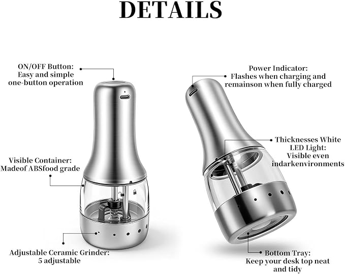 Electric Salt and Pepper Grinder Set of 2 - USB-C Rechargeable Automatic Salt Grinder, Stainless Steel Pepper Mill with LED Light, 5 Adjustable Coarseness, Tray & Brush Included