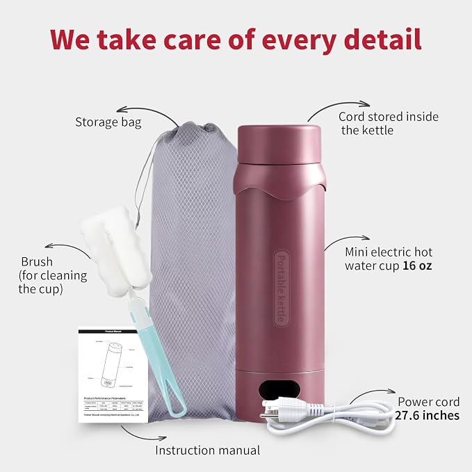 Insulated Stainless Steel Electric Kettle Small, Smart Water Bottle with 4 temperature control, Leak-Proof, Mini Travel Essentials Portable Office Gifts for Tea Lovers, Black Cherry