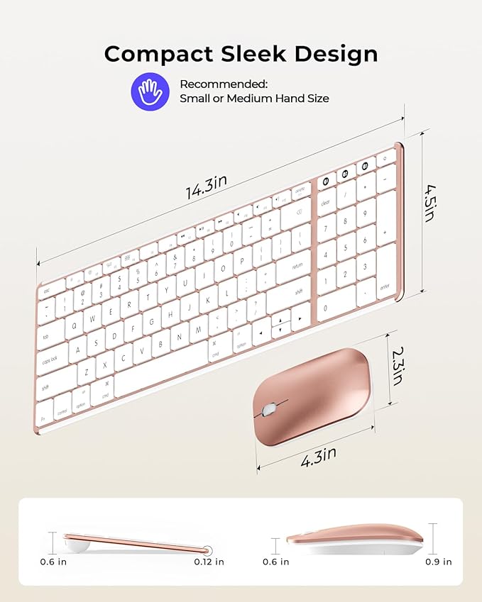 seenda Bluetooth Keyboard and Mouse Combo for Mac, SKM64-2 Rechargeable Silent Wireless Keyboard Mouse Compact Slim, 3 Multi-Device Connection, Compatible for Mac MacBook Pro/Air iPad, White Rose Gold