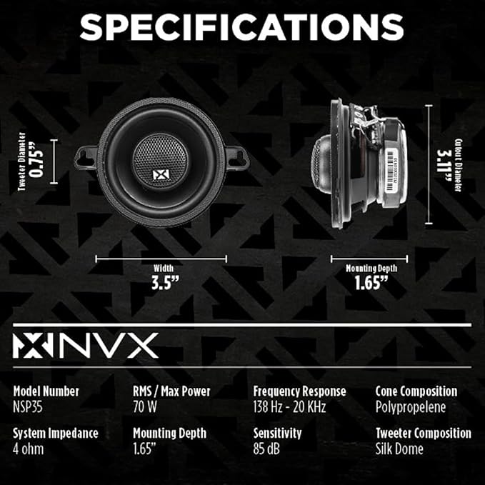 NVX NSP35 3.5" Car Speakers, 200W Max, 70W RMS, 2-Way Coaxial w/Silk Dome Tweeters & Built-in X-Overs, Easy to Install in Cars/Trucks/Doors (Pair)