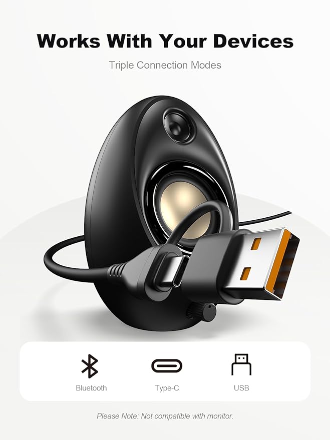 Bluedee Computer Speakers for Desktop PC, 20W Peak Power Bluetooth 5.4 USB/USB-C Powered PC Speakers with 8 RGB Effects, Plug & Play Clear Stereo Sound with Enhanced Bass for Desktop, Laptop