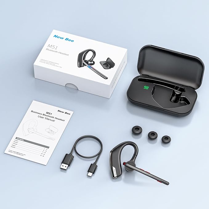 New Bee Bluetooth Headset, Wireless Bluetooth Earpiece for Cellphone with 500mah Charging Case 80h Playtime V5.2 Dual Mic Noise Cancelling Hands-Free Earphones for Office Driver
