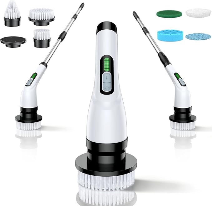 Electric Spin Scrubber for Bathroom: Shower Scrubber with Long Handle, Dual Speed Cordless Power Cleaning Scrub, 7 Brush Heads, IPX7 Waterproof Heavy Duty Cleaner Tools for Tub Tile Grout Wall