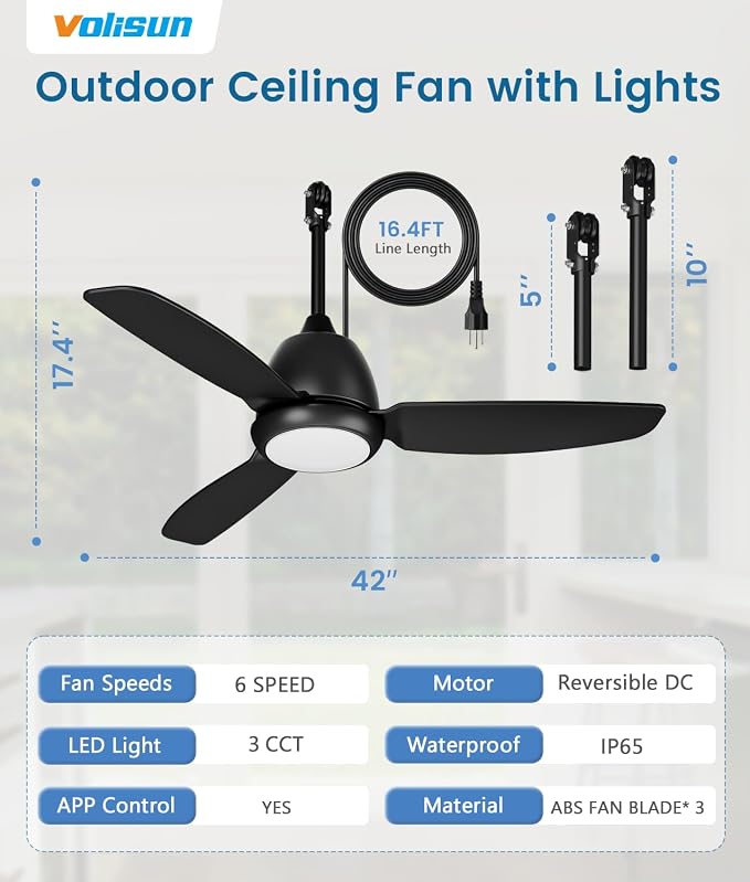 VOLISUN Outdoor Ceiling Fans with Light for Patios, 42in Weatherproof Plug in Ceiling Fan, 3CCT Dimmable Gazebo Ceiling Fan Remote&APP Control, Black Caged Ceiling Fan for Porch, Pergola,Canopy