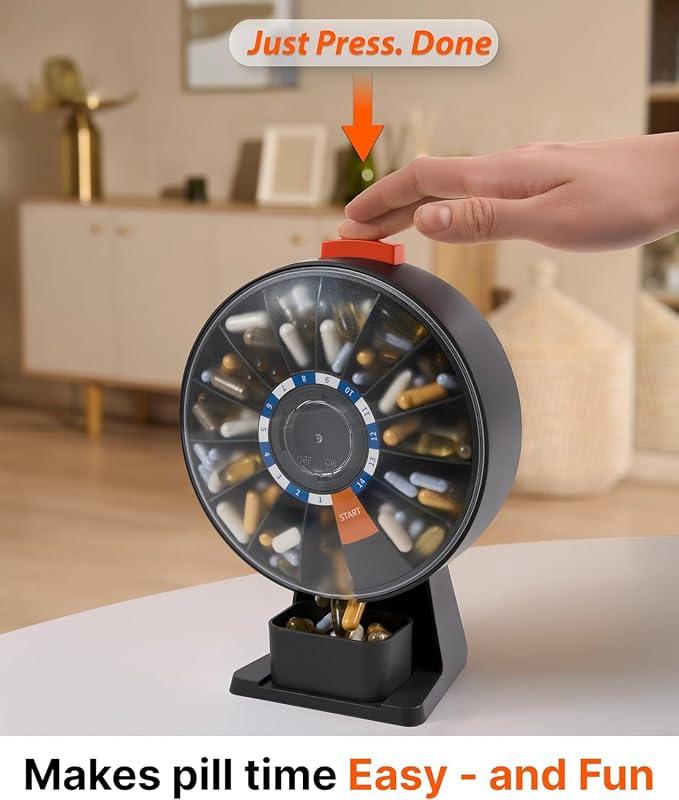 Pill Dispenser 14 Day – Rotating Medicine Organizer Wheel with Push Button, Wall Mounted or Desktop Manual Pill Dispenser for Elderly & Seniors, Large Capacity Vitamin & Medication Organizer