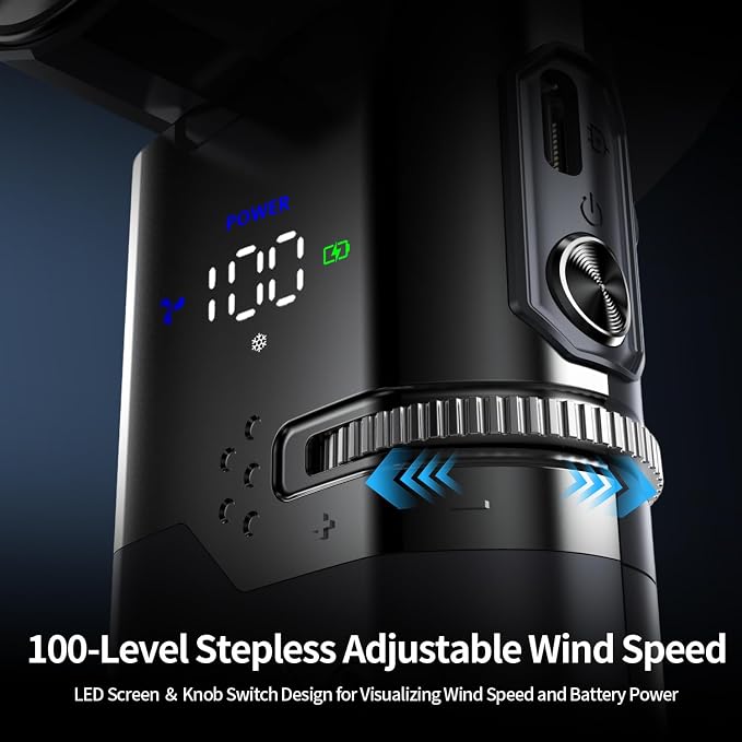 Portable Rechargeable Handheld Turbo Fan,9000mAh Multifunctional Cooling Fan with Ice Cooling ＆ Charging Function,Built-in Type-C Charging Cable & LED Display,100-Speed Wind,Suitable for Travel/Office