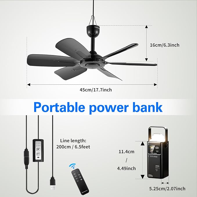 Portable Ceiling Fan, USB Plug-In, 5V DC Powered, 6 Blades, Indoor/Outdoor RV Camping Tent Canopy, Hanging, Quiet Operation (with power bank)