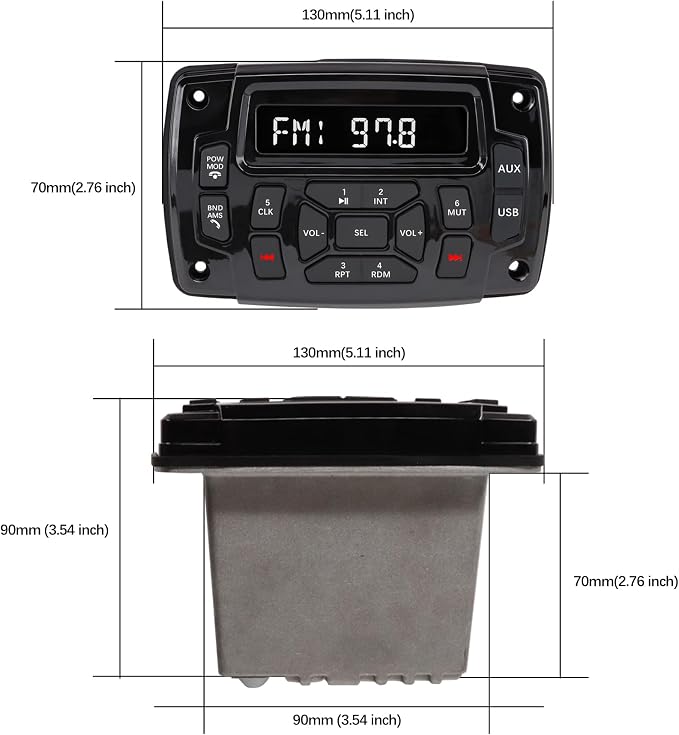 Marine Stereo Audio Radio Bluetooth Car Stereo Receivers Waterproof Player MP3 Boat Media with AM/FM Music Radio USB Input for Golf Cart Motorcycle UTV Head Unit Sound System