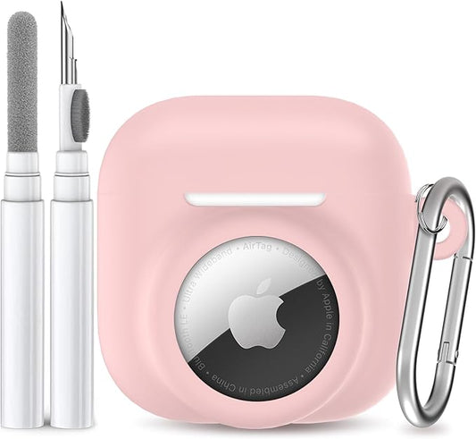 2 in 1 Silicone Case Compatible with AirPod 4 and AirTag 2/1, Shockproof Protective Skin Cover for AirPods 4th Generation with Cleaner Kit & Carabiner (Pink)