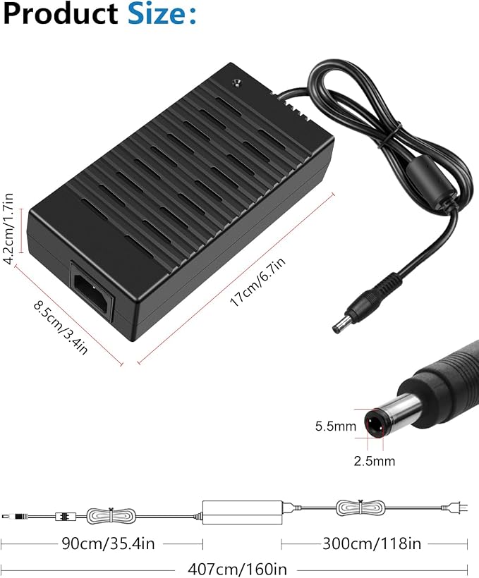 SHNITPWR 12V Power Supply 180W, AC/DC Adapter DC 12 Volt 15A 100-240V AC to DC Converter 12vdc LED Driver with 13.5FT Long Power Cord 5.5x2.5mm Tip, for 5050 WS2812 LED Strip Lights CCTV Camera