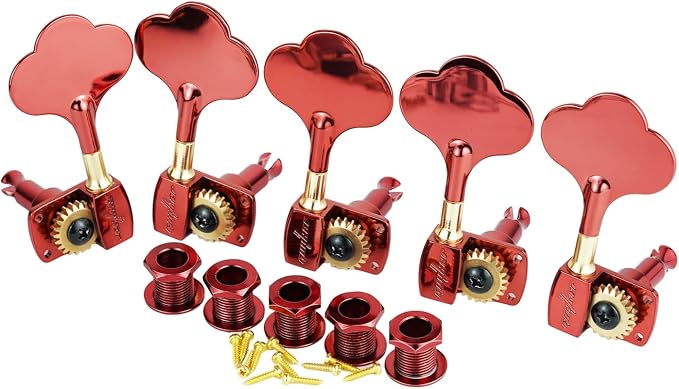 Guyker Bass Tuners (4R + 1L) - 1:22 Ratio Gear Open Frame Bass Drop Locking Machine Head Tuning Key Pegs Replacement for Electric Jazz Guitar Bass or Precision Instruments, BB100 Red