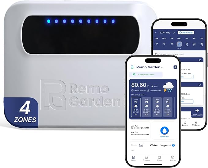 Indoor Smart Sprinkler Controller 4 Zone, WiFi Automatic Irrigation Timer, Easy-Use App Remote Control, Flexible Programs, Save Water via Rain, Wind&Freeze Skip,Quick Install, with Alexa