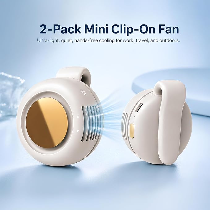 2-Pack Mini Clip On Fan Portable, 3.2oz Ultra-Lightweight, 3 Speed USB-C Mini Portable Fan, Bladeless Silent Small Clip on Fan for Shirt & Waist, Whirlwind Clip Fan for Travel, Outdoor & Office