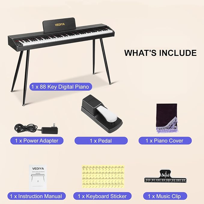 Digital Piano Keyboard 88 key,Semi-Weighted Electric Piano,Full Size Acoustic Piano for Beginners with,Pedal, USB-MIDI Compatibility (Black)