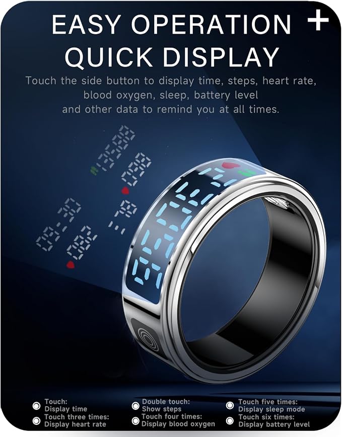 Smart Ring Health Tracker with Display for Women Men - German Chip,Ultra Light,Ultrathin,Free Charging case,iOS/Android/Fitness/Heart Rate/SpO2/Sleep/Step/Pressure