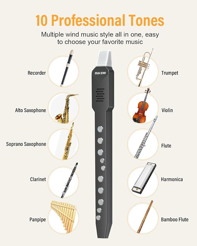 KONIX Electronic Wind Instrument, DC02 Pro Digital Wind Instrument with 10 Musical Tones, MIDI Bluetooth, Built-in Battery, EWI Instrument for Beginners, Black