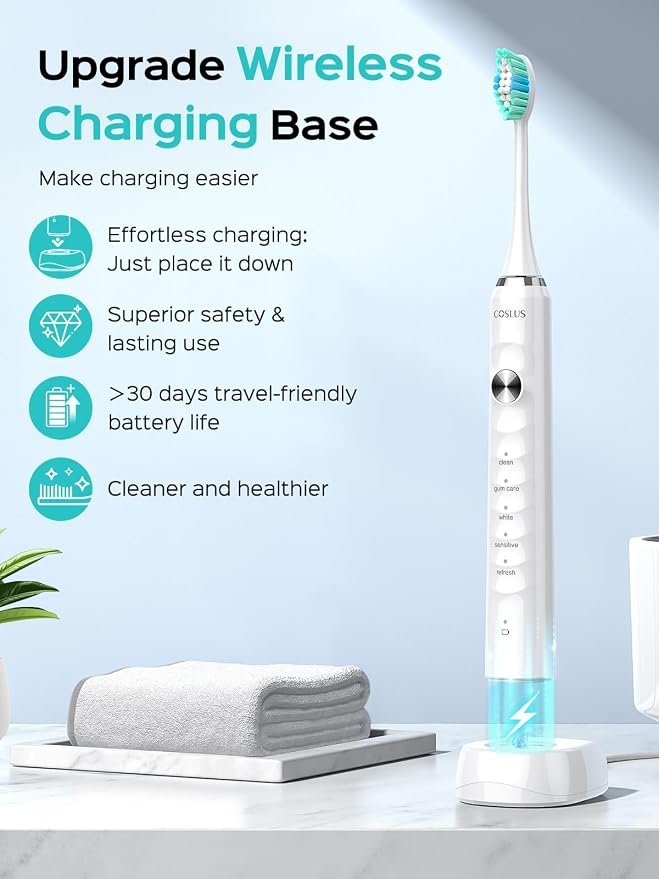 COSLUS Sonic Electric Toothbrush for Kids & Adults C40(DY-108Pro): 47000 VPM for Deep Cleaning with Travel Case - 5 Modes for Sensitive Teeth & Braces, Wireless Charging, 6 Brush Heads, White (1PC)