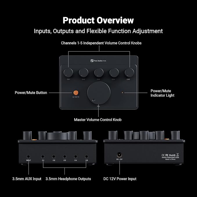 Fosi Audio PH05 5-Channel Headphone Splitter Amplifier, Mini Headphones Amp for Music Studio, Audio Sharing, Podcast Monitor, Supports 16-300 Ohm High Impedance IEM with 12V Power Adapter