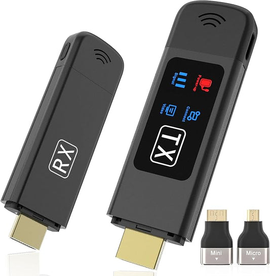 2025 Upgraded Wireless HDMI Transmitter and Receiver, Plug & Play, 2.4G+5G Wireless HDMI Extender 4K Input 1080P Output with LED Screen for Audio to Monitor from Laptop/TV Box, Black