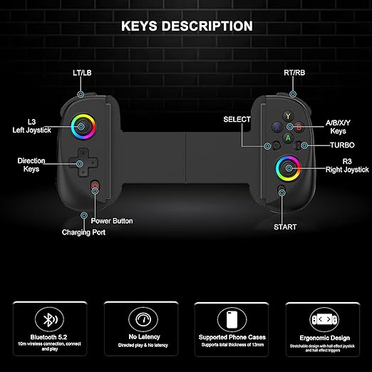 arVin Mobile Gaming Controller for iPad/Tablet[Within 5-10"] Wireless Gamepad for iPhone/Android/PC/Switch/PS4, with RGB Hall Effect Joystick/Turbo/6-Axis Gyro/Vibration/Support Streaming/Cloud Gaming