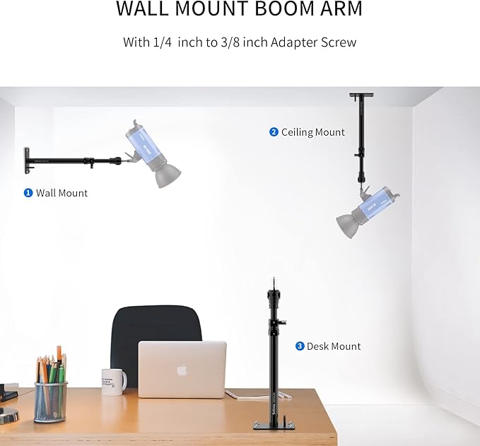 Meking Photography Camera Wall Mount Boom Arm, Ceiling Wall Mounting Up to 22inch for Photo Video Studio Strobe Light, Softbox, Overhead Mount, with 3/8 1/4 Thread, 2 Pack