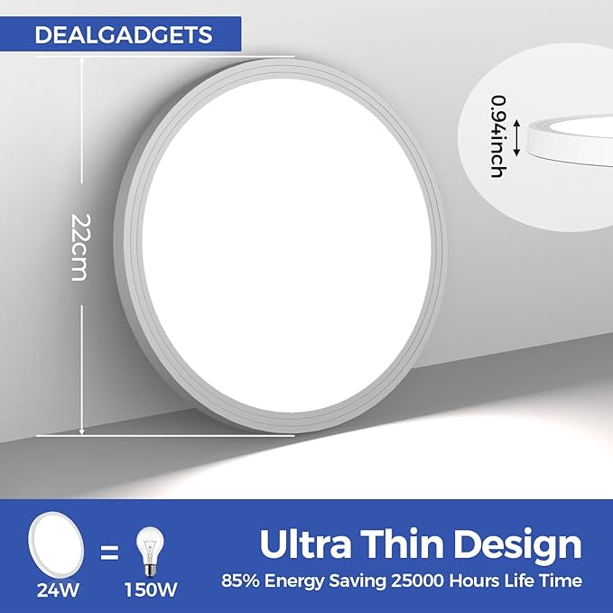 Flush Mount Ceiling Light Fixtures,24W Flat led Light for Ceiling,6000K 2200LM Ultra Thin Round White Lamp for Bedroom Kitchen,Bathroom,Garage,Living Room, Hallway