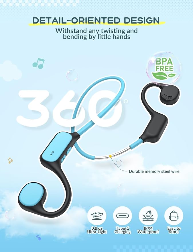 iClever Kids Bluetooth Headphones, Air Conduction Open Ear Headphones, Safe Volume 74&85dBA, 360° Bending Resistance Durable, 11.5H Playtime, Bluetooth 5.4 Kids Wireless Headphones for Travel/School