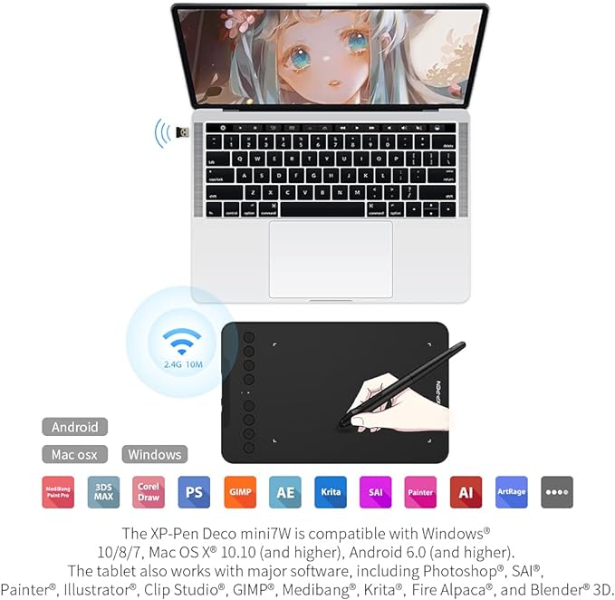 Wireless Drawing Tablet XPPen Deco mini7W Graphic Tablet Pen Tablet with 8192 Levels Pressure, 7 x 4 inch Artist Tablet for Online Teaching/E-Learning Compatible with Window/Mac/Android/Chrome/Linux