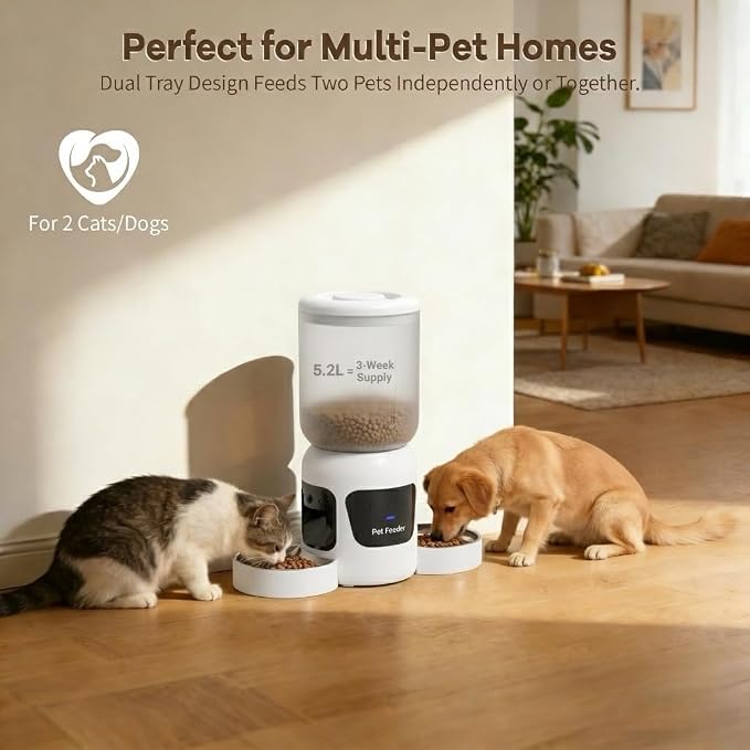 Automatic Cat Feeder with Camera, 5.2L Smart Cat Food Dispenser for Multi-Pet Homes, 170° Wide Angle Night Vision Auto Cat Feeder for Cats and Dogs, 5G WiFi App Remote Control for Busy Families, White