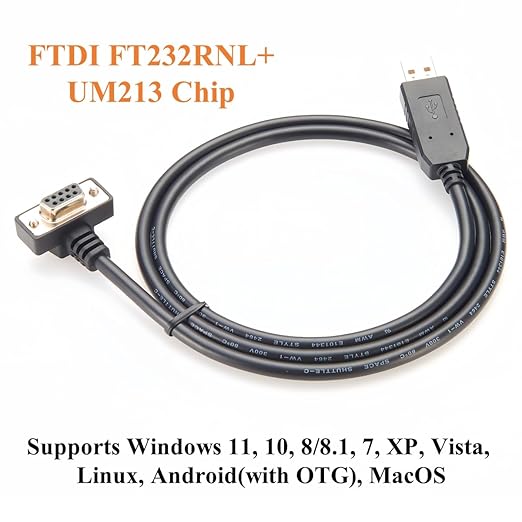90 Degree Low Profile Slim DB9 RS232 Serial Cable with FTDI FT232RNL USB 2.0 to D-Sub 9Pin Female COM Port Converter Cable for PLC, POS Terminals, CNC, Modems (4Pin Down, 1M/3.28FT)
