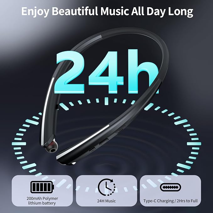 Neckband Bluetooth Headphones, Wireless Retractable Headset with Mic, IPX5 Sweatproof Earphones, Noise Cancelling Earbuds | 22H Playtime for Sports/Running/Driving (Black)
