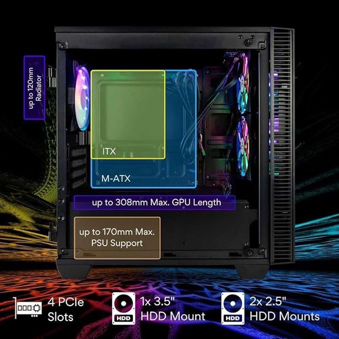 Continuum Micro 26L mATX Infinity Mirror Gaming PC Tower Case w/ 6 Pre-Installed ARGB PWM Fans, Dual Mode Control (Mobo + Remote), ATX PSU Ready, 347mm GPU Space with 500W PSU Included.