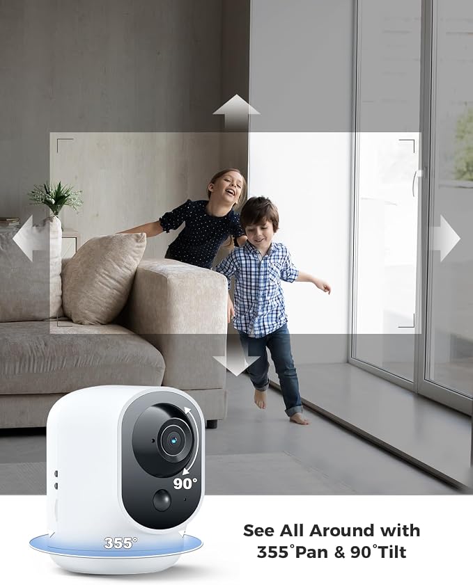 COCOCAM 2PCS Battery WiFi Indoor Security Camera Wireless, 5200mAh Battery, 2K Pan/Tilt Camera for Baby Monitor/Pet/Home Security, AI Recognition, PIR Human Detection, 2.4G WiFi