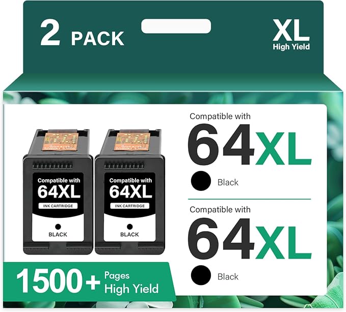 64XL 64 Black Ink Cartridge for HP Printers Replacement for HP64 Ink 64 XL for Envy Photo 7855 7858 7155 7800 7100 6255 7164 Tango Envy Inspire 7900e 7200e 7255e 7955e Series 2-Pack