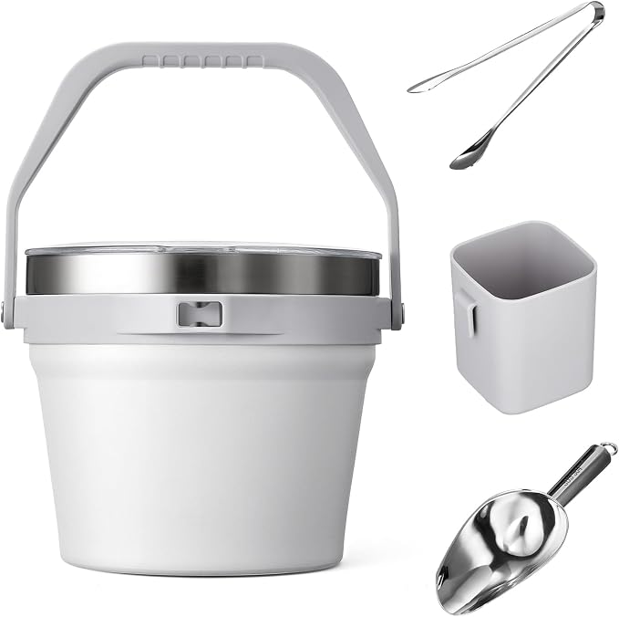 COKTIK 7L Vacuum Insulated Ice Bucket with Lid and Scoop& Tongs，Large capacity Stainless Steel Beverage Bucket for Cocktail, Champagne, Wine, Beer，Large Parties（Milk White Suit）