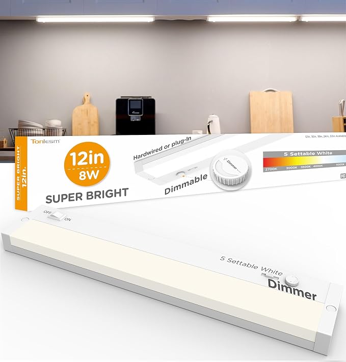 LED Under Cabinet Lighting Hardwired Or Plug in, Dimmable With Dimmer,12 Inch 8W 800LM Super Bright,120V 5CCT 2700/3000/3500/4000/5000K, Linkable Cabinet Light,Under Counter Lights for Kitchen