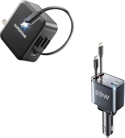 Bundle SUPERONE Smaller 4 in 1 Retractable Car Charger & Retractable USB C Charger