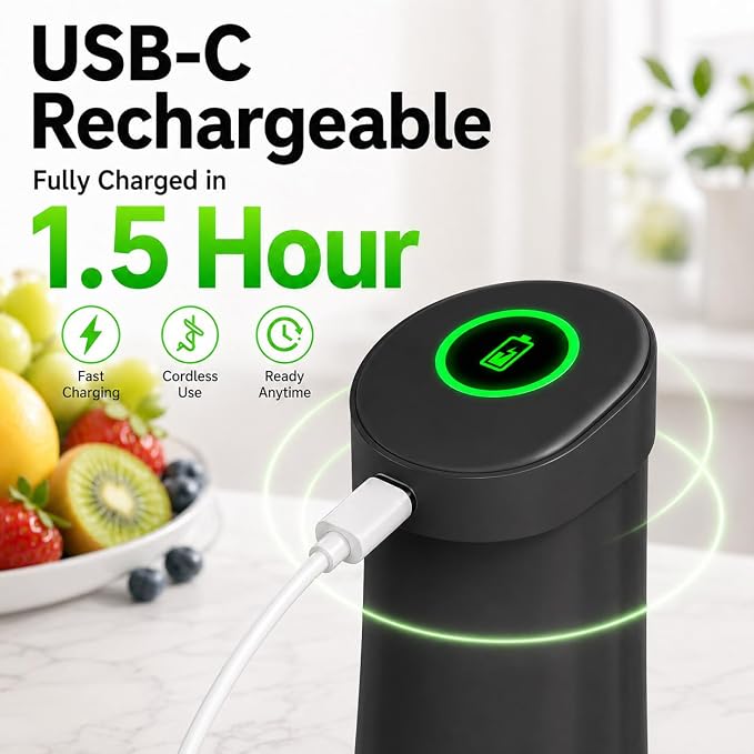 Cordless Immersion Hand Blender (Stick Blender) – Smooth, Controlled Blending for Everyday Cooking, 12V Brushless Motor, Pressure-Sensitive Variable Speed, USB-C Rechargeable, Easy-Clean (Black)