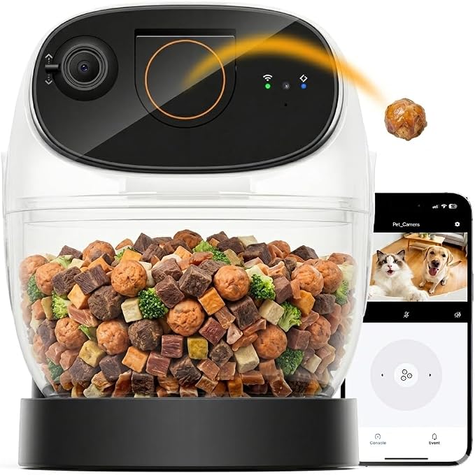 2026 3K Pet Camera Treat Dispenser, 32ft Remote Tossing for Dogs & Cats – Reduces Separation Anxiety, 360° View, Security Indoor Cam w/ Phone App, Barking Alerts, No Subscription, 5G WiFi, Robot M3