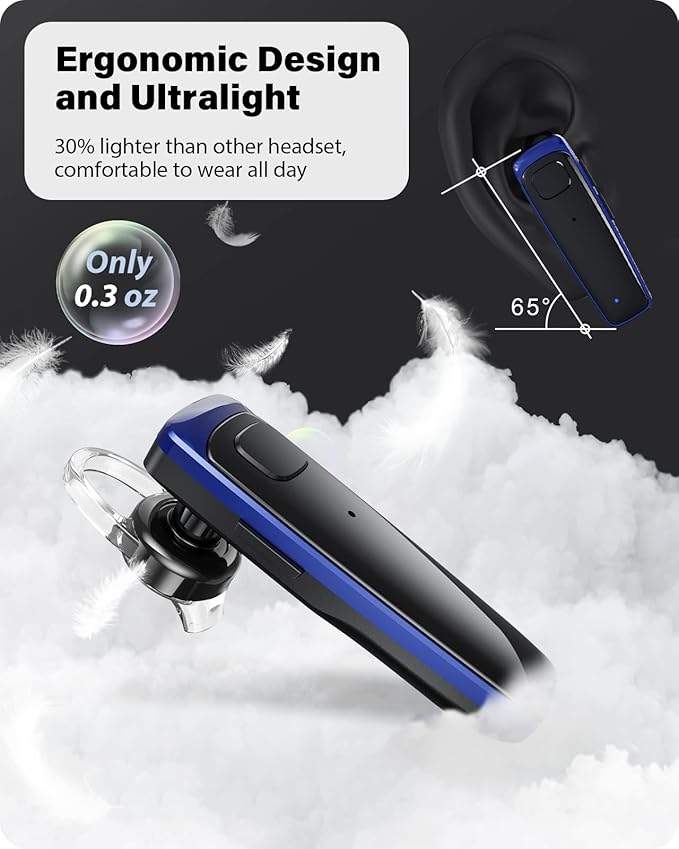 ADADPU Bluetooth Headset - V5.0 Wireless Handsfree Earpiece Built-in Dual Mic Noise Cancelling, 10 Days Standby 16Hrs HD Talktime Ultralight Headset for iPhone Android Samsung Laptop(Blue)