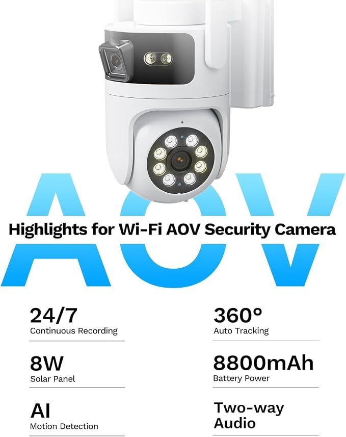 Dual Lens Solar Security Cameras Wireless Outdoor: 2MP+2MP AOV 24/7 Continuous Recording Solar Powered Security Camera Wireless, 2.4G/ 5G WiFi6 Camera with SD Card, 2-Way Talk, Color Night Vision