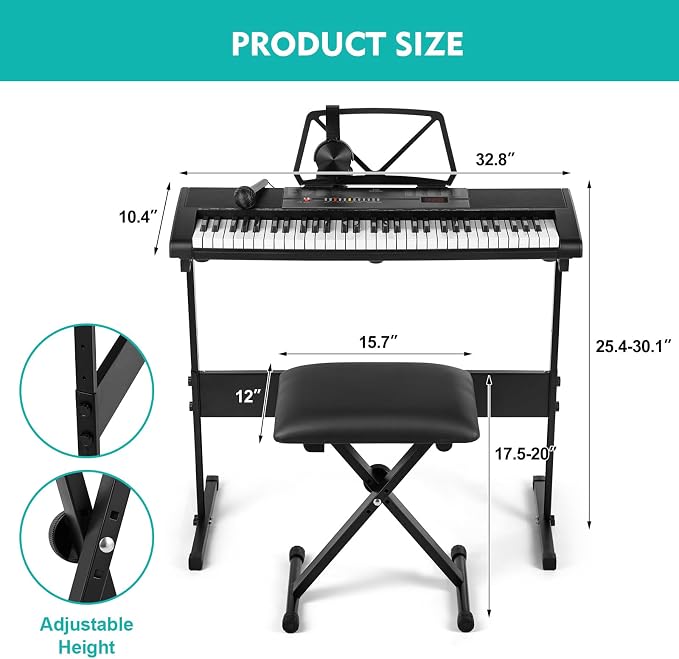 MUSTAR 61 Key Piano Keyboard, Electric Piano Keyboard with Lighted Up Keys, Learning Keyboards Piano for Beginners With Piano Stand, LCD Screen, Headphones, Microphone (Black with Stool)
