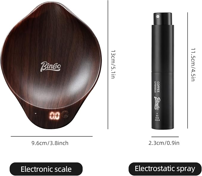 BINCOO Walnut Coffee Bean Scale Dosing Cup with LED Espresso Scale Coffee- Rechargeable 0.1，Small Coffee Spray Bottle， Precision &Tea Scale & Perfect Coffee Lover Gift（walnut wood）