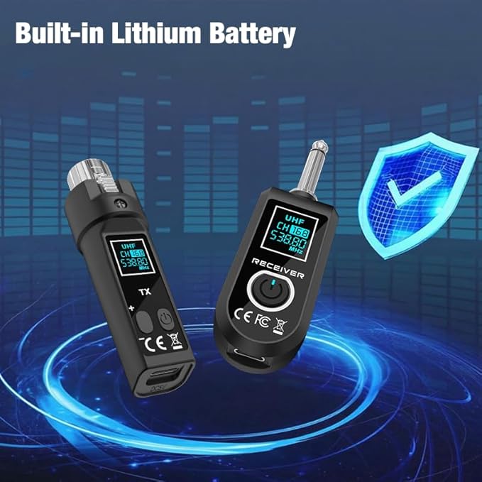 Upgrade 2.4GHZ Wireless XLR Transmitter and Receiver, Built-in Rechargeable Lithium Battery for Dynamic Microphone,Audio Mixer,Electric Guitar Bass (D 1 Receiver + 2 emitter)