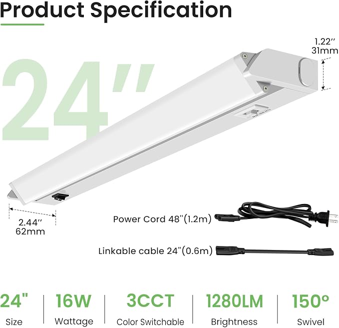 ALUSSO Under Cabinet Lighting, 24 Inch Linkable LED Under Cabinet Lights with Plug, 150° Swivel Light Bar, 3 Color Temperatures (3000/4000/6500), 16 W 1280 Lumen, for Kitchen Counter, Closet - 2 Pack