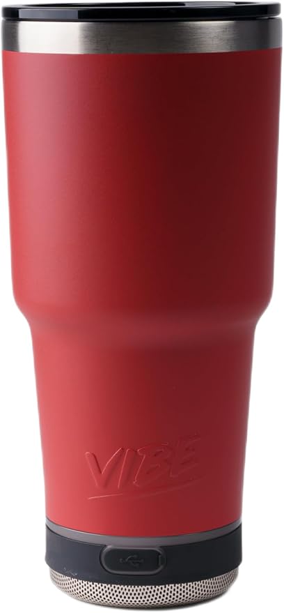 Vibe Tumbler with Bluetooth Speaker, Insulated Stainless Steel Travel Cup with Lid, Hot and Cold Drink Cup, Removable Speaker with Microphone, Portable Music Tumbler, 28 oz, Red